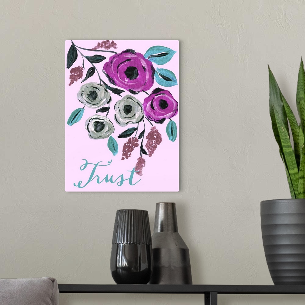 A modern room featuring Contemporary painting of purple flowers against a pink background.