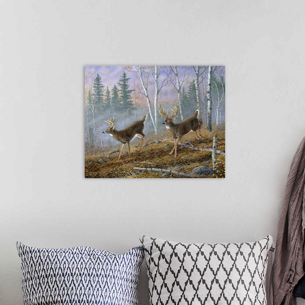 A bohemian room featuring Contemporary painting of two deer running through a forest.