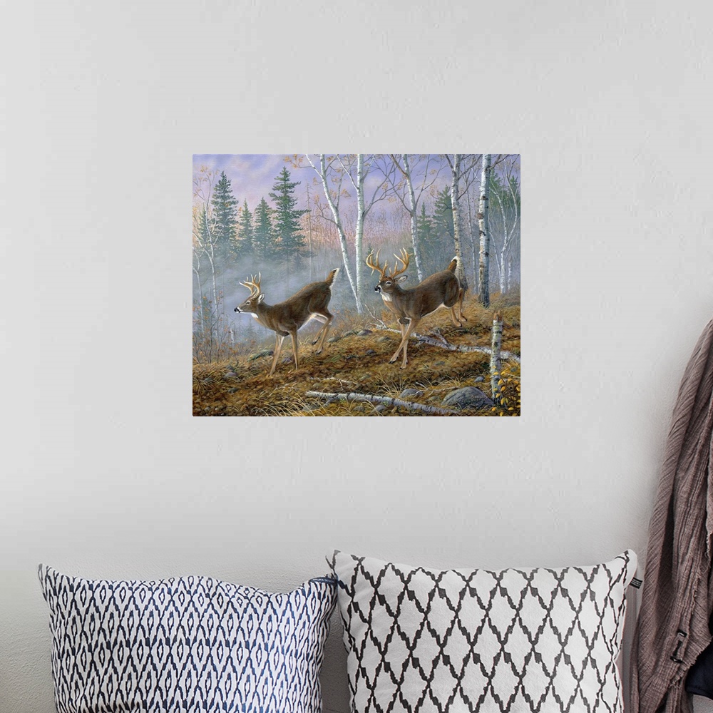 A bohemian room featuring Contemporary painting of two deer running through a forest.