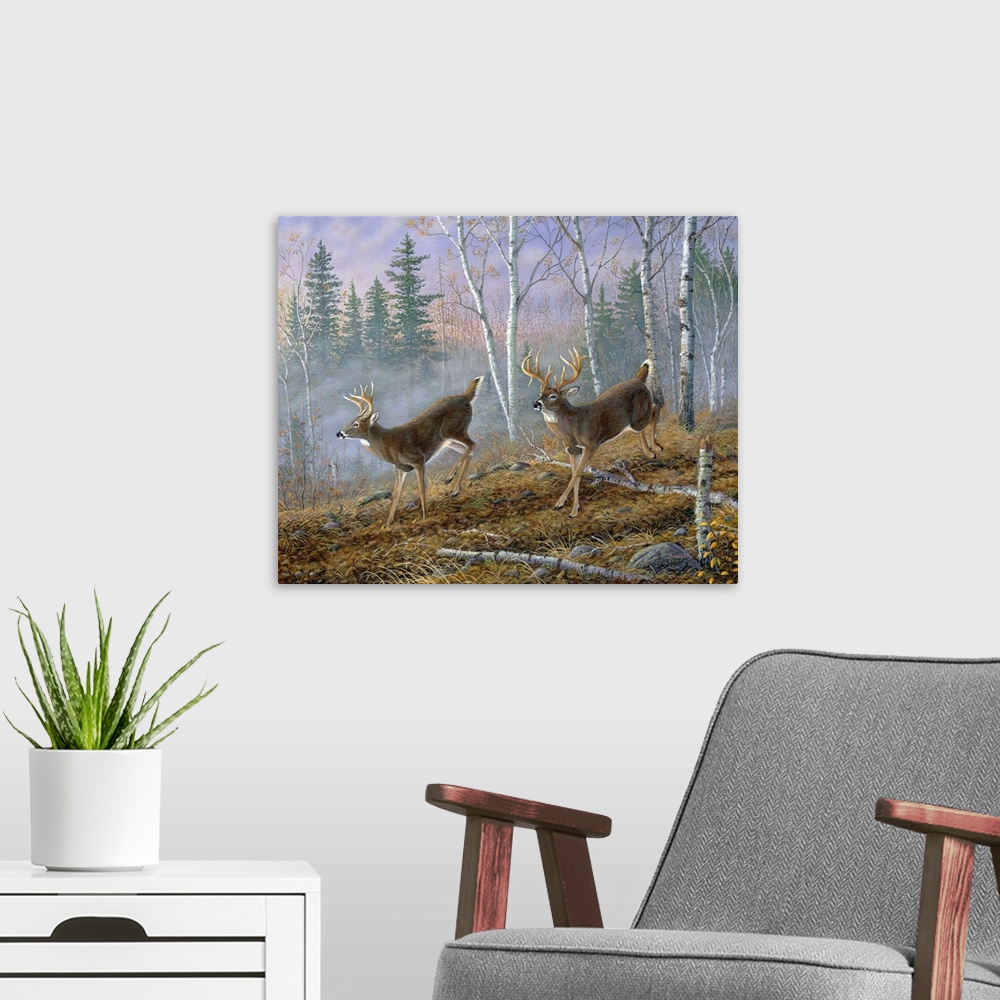 A modern room featuring Contemporary painting of two deer running through a forest.