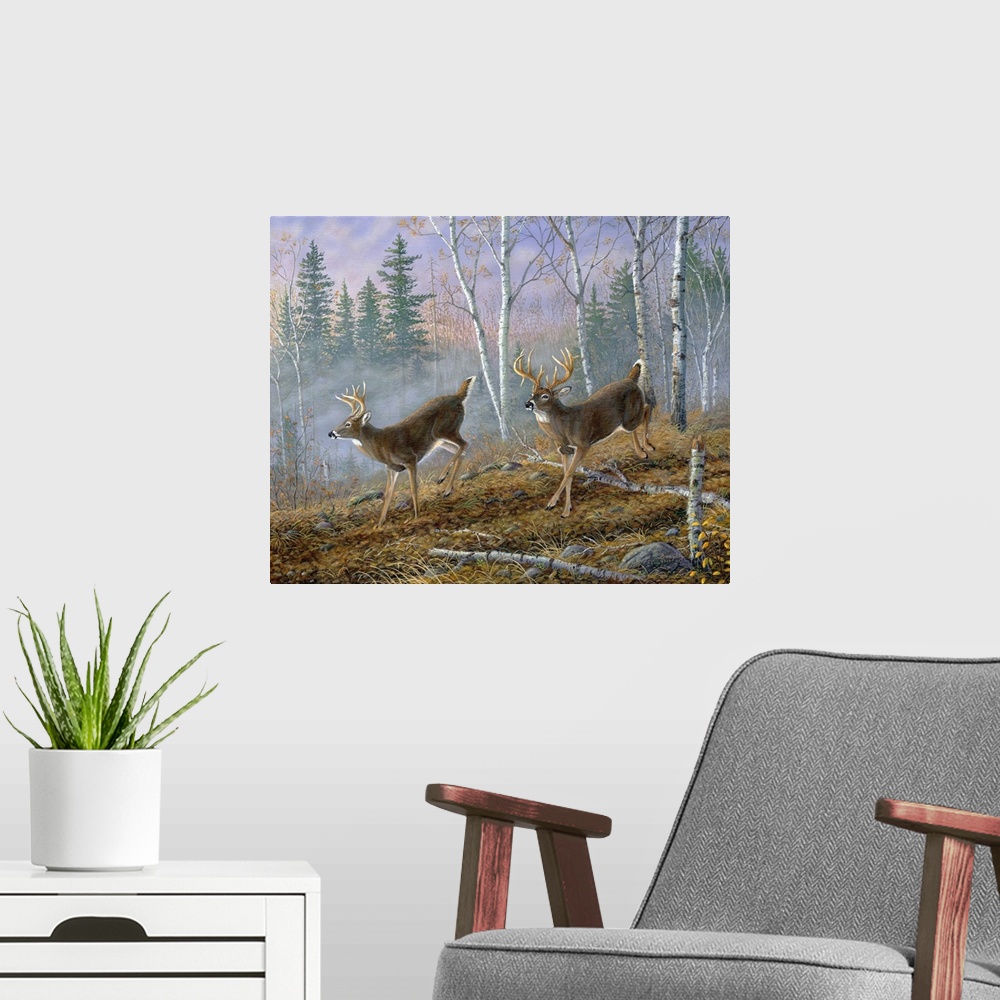 A modern room featuring Contemporary painting of two deer running through a forest.