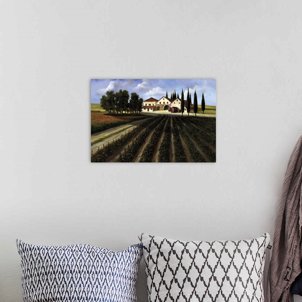 A bohemian room featuring Contemporary landscape painting of a vineyard with a farm house in the distance.
