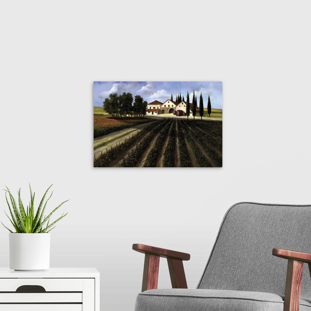 A modern room featuring Contemporary landscape painting of a vineyard with a farm house in the distance.