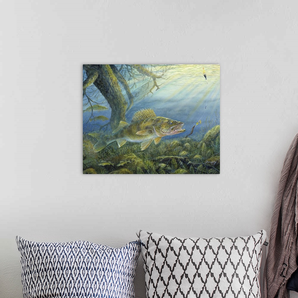 A bohemian room featuring Contemporary artwork of a walleye heading for a lure in a river.