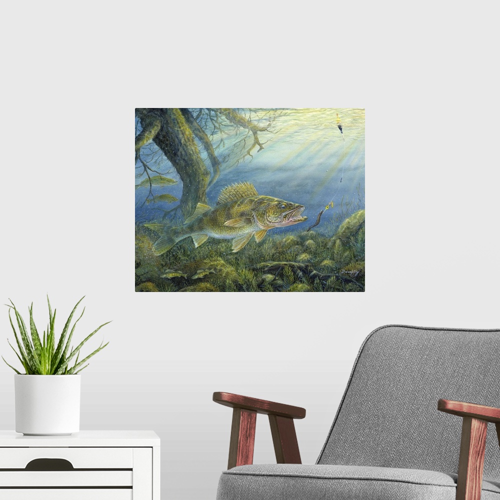 A modern room featuring Contemporary artwork of a walleye heading for a lure in a river.