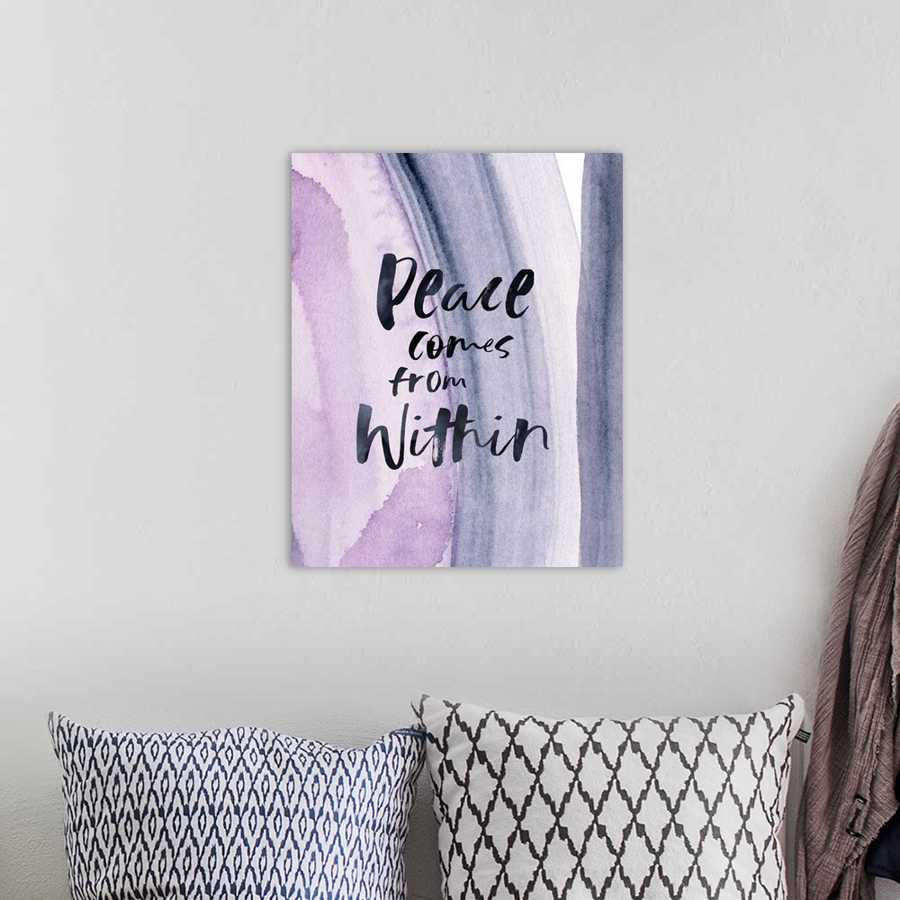 A bohemian room featuring "Peace Comes From Within" with a purple watercolor blush stroke background.