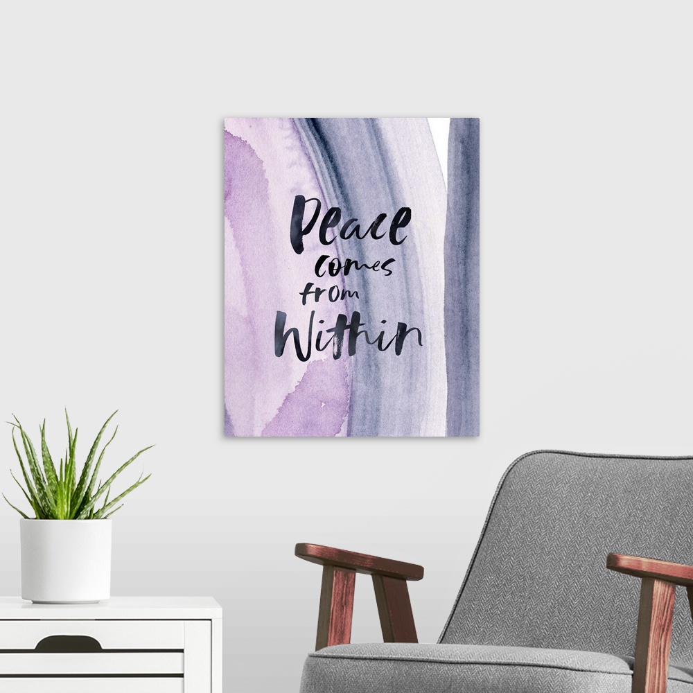 A modern room featuring "Peace Comes From Within" with a purple watercolor blush stroke background.