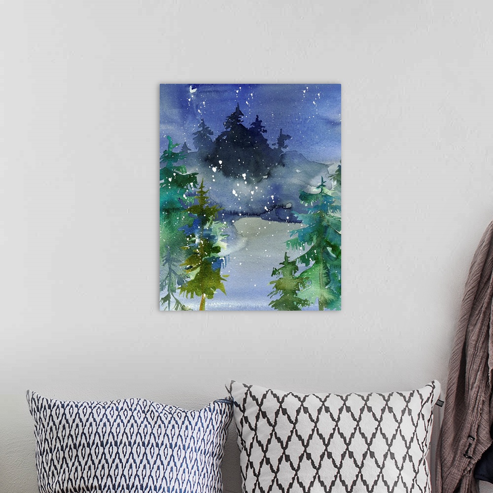 A bohemian room featuring Watercolor painting of an outdoor Winter scene with pine trees and snow falling.