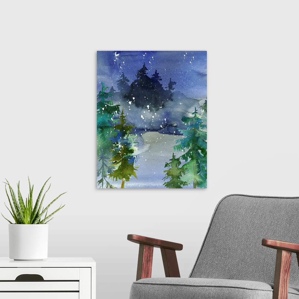 A modern room featuring Watercolor painting of an outdoor Winter scene with pine trees and snow falling.