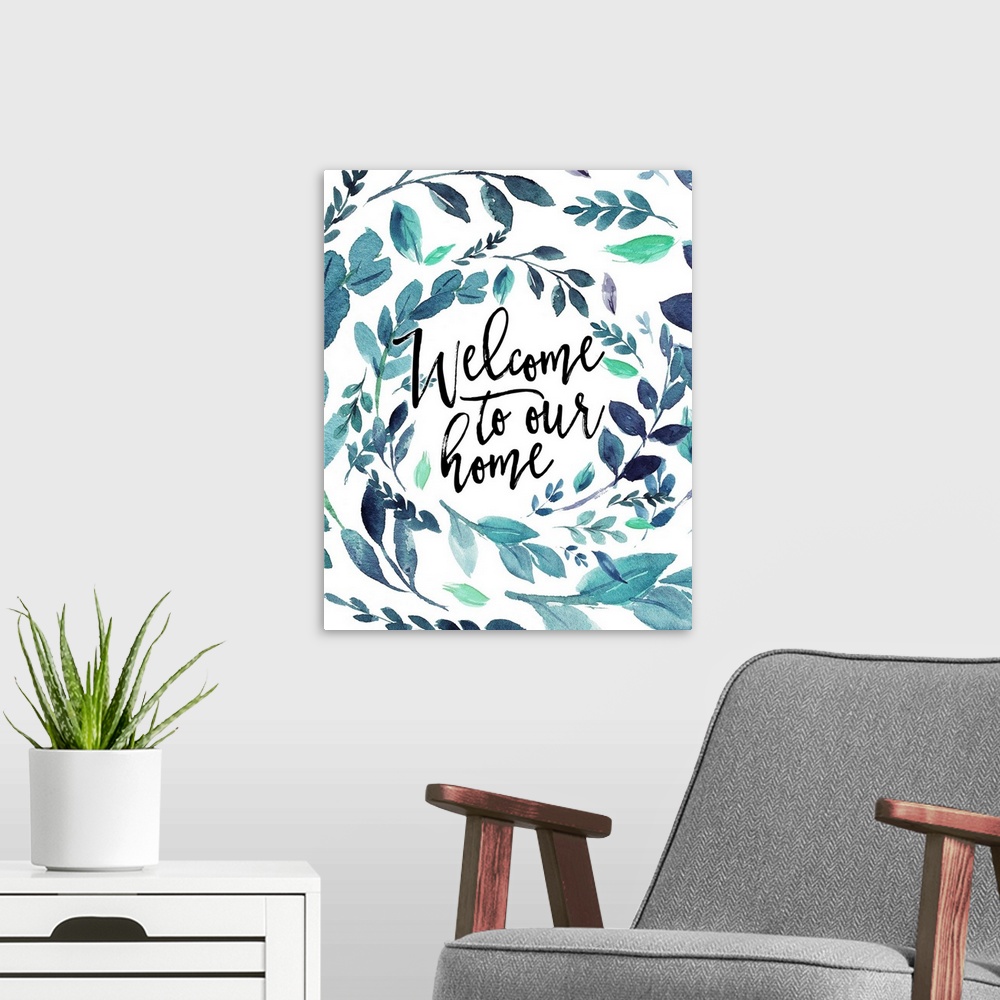 A modern room featuring Handlettered decor featuring the message, "Welcome to our home" in black text placed on a white b...