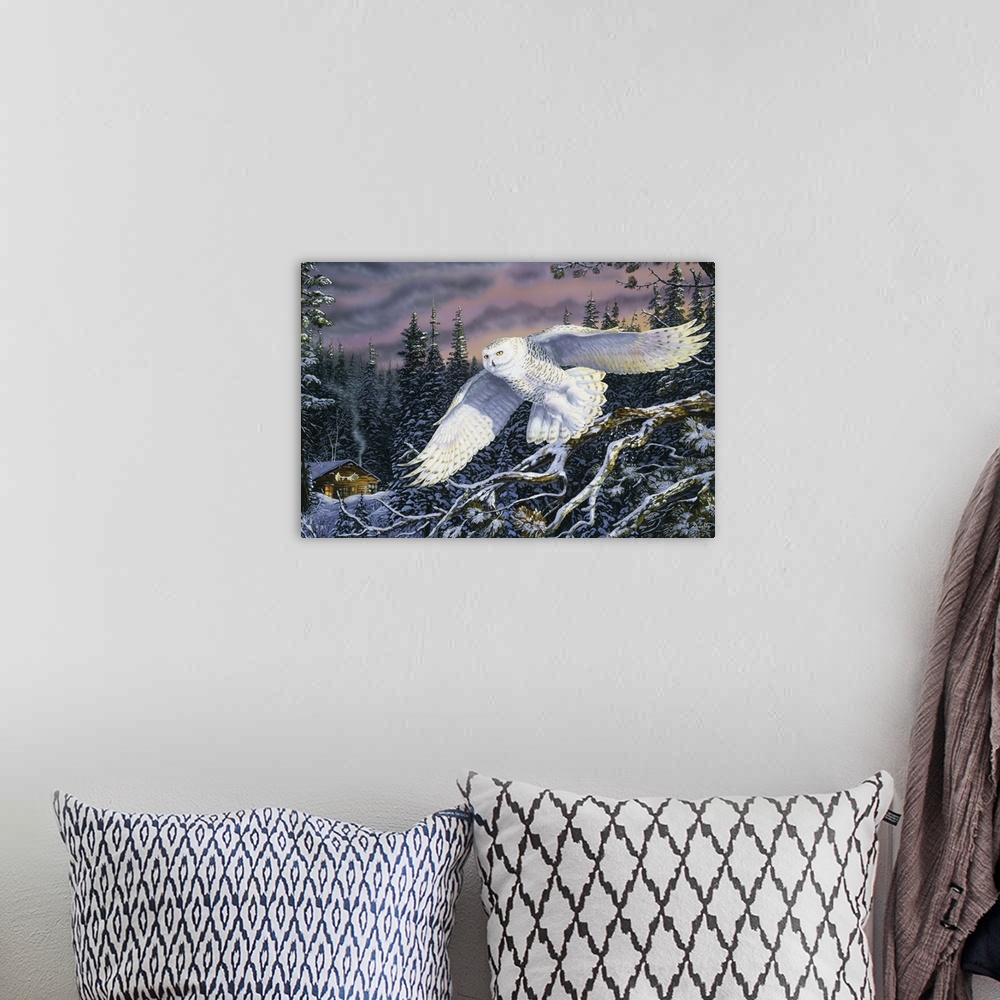 A bohemian room featuring Contemporary artwork of a large snowy owl in flight on a winter evening.