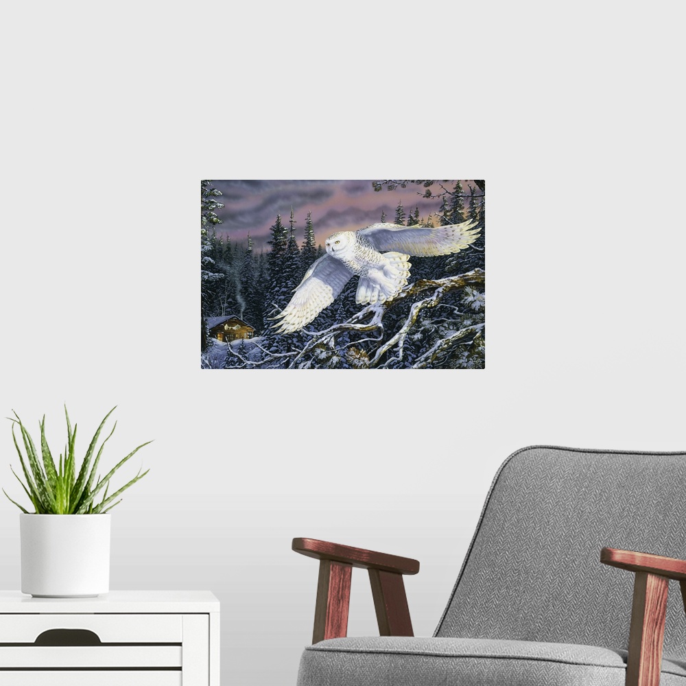 A modern room featuring Contemporary artwork of a large snowy owl in flight on a winter evening.