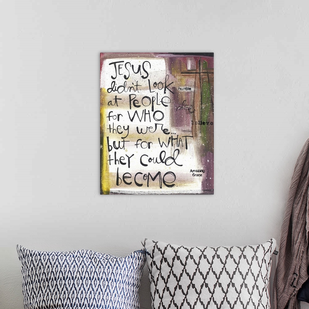 A bohemian room featuring An inspirational message about Jesus handwritten with purple and yellow.