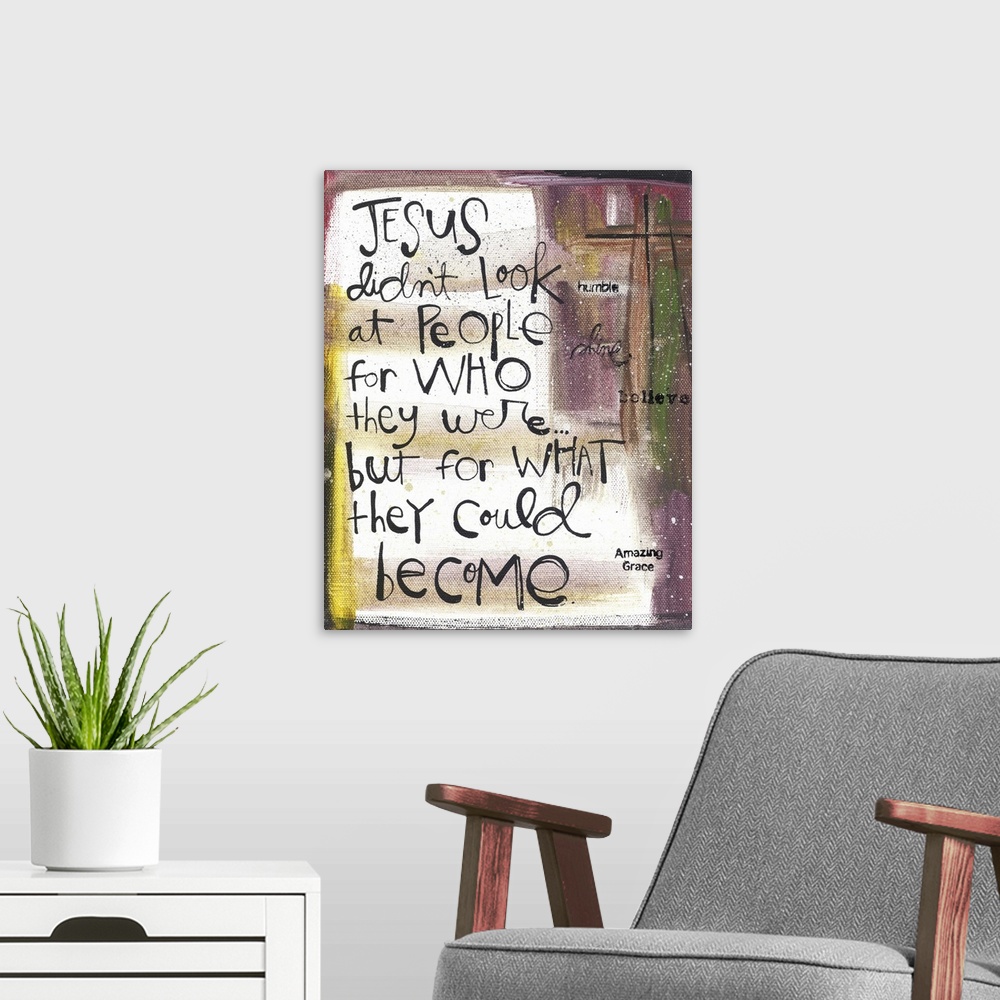 A modern room featuring An inspirational message about Jesus handwritten with purple and yellow.