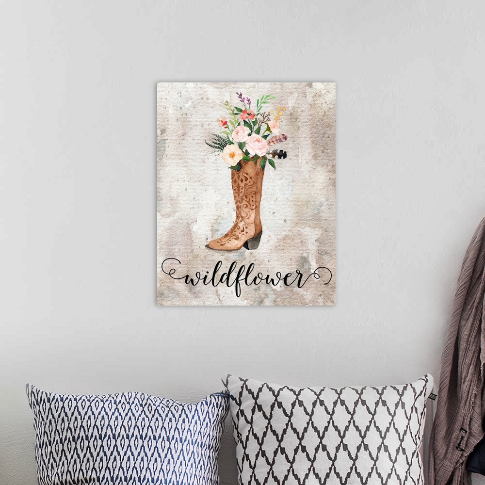 A bohemian room featuring Contemporary handlettered style artwork.