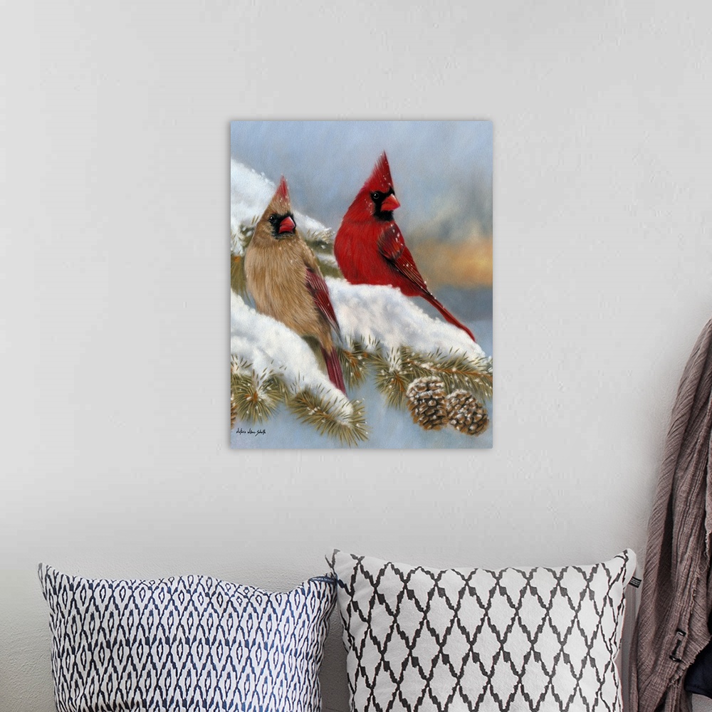 A bohemian room featuring Winter Cardinals