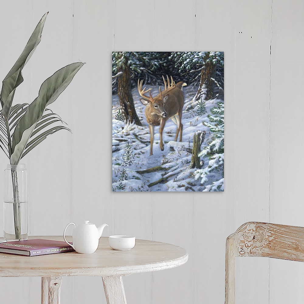 A farmhouse room featuring Contemporary artwork of a deer walking through a forest covered in snow.