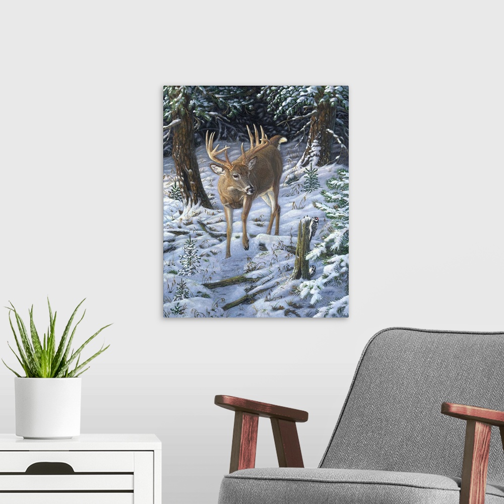 A modern room featuring Contemporary artwork of a deer walking through a forest covered in snow.