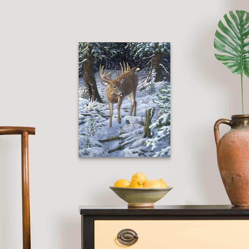 A traditional room featuring Contemporary artwork of a deer walking through a forest covered in snow.