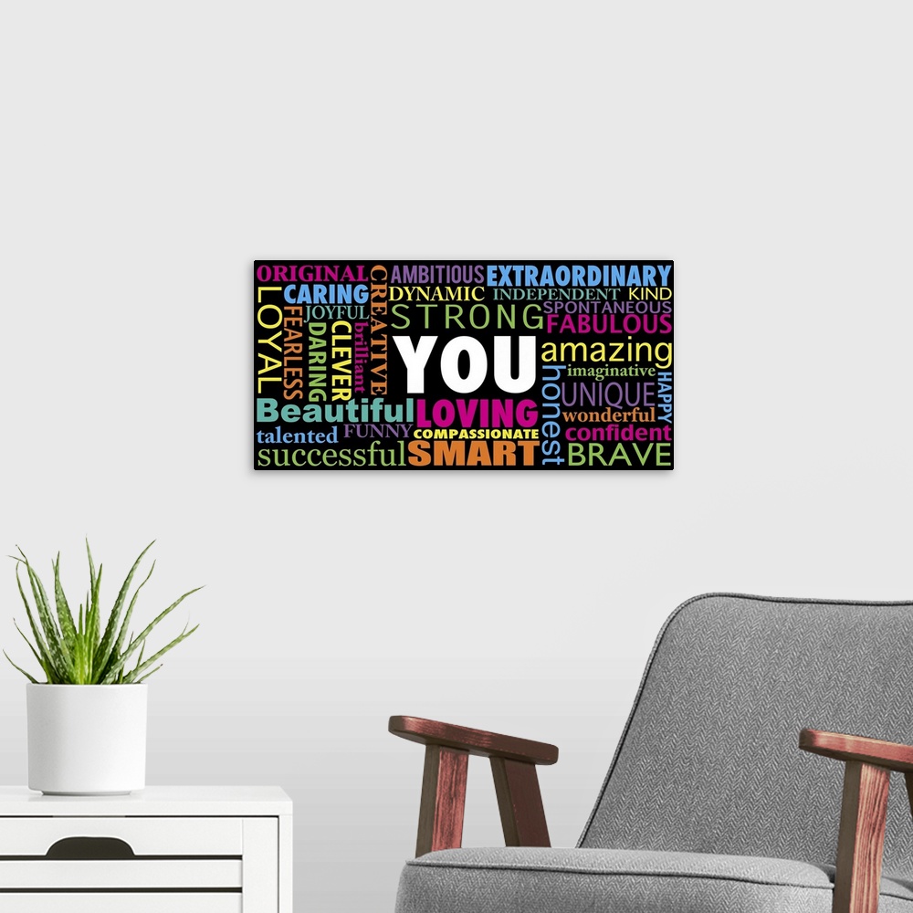A modern room featuring You, multi colored