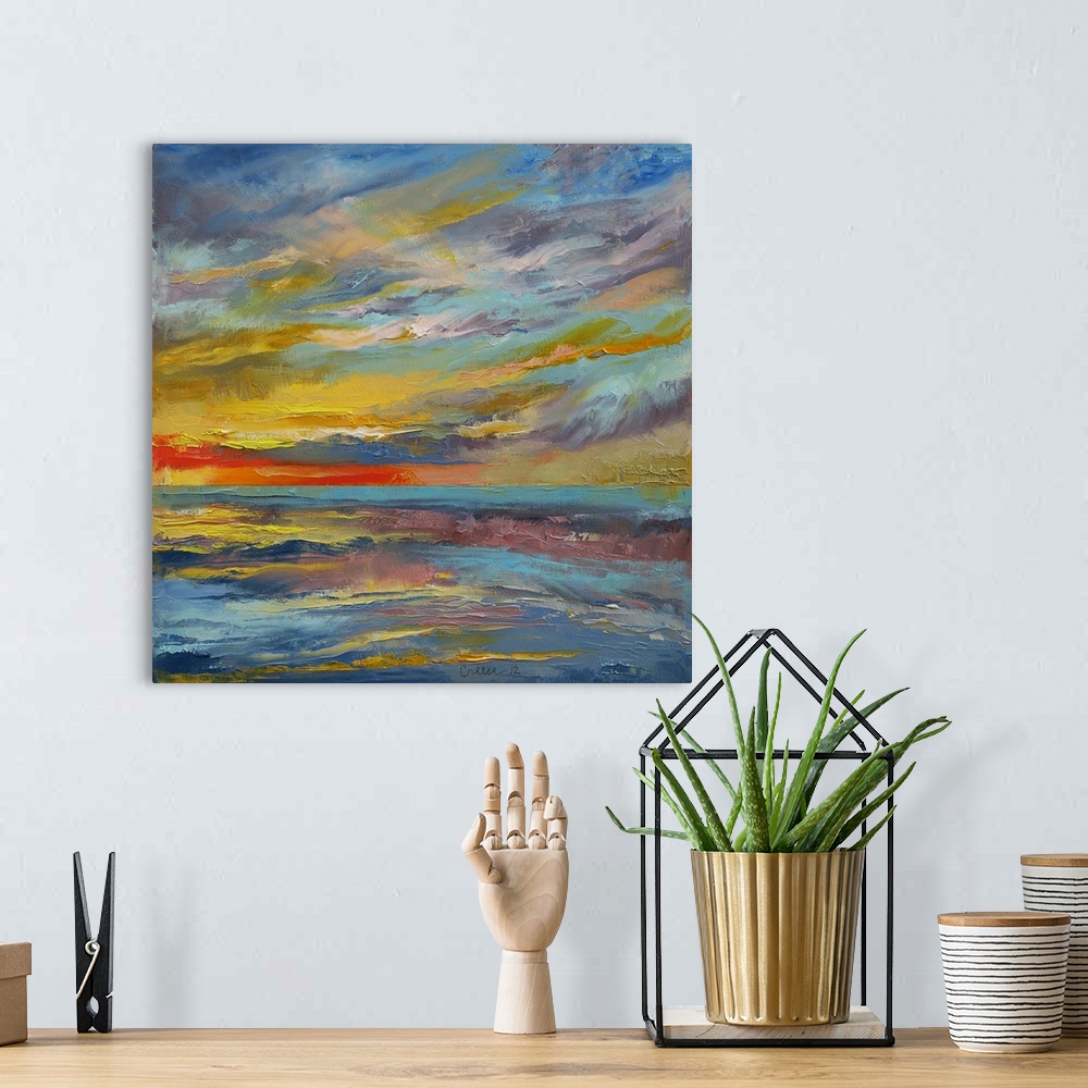 A bohemian room featuring Large square abstract painting of rough sea waters beneath a vibrant, cloudy sky at sunset.
