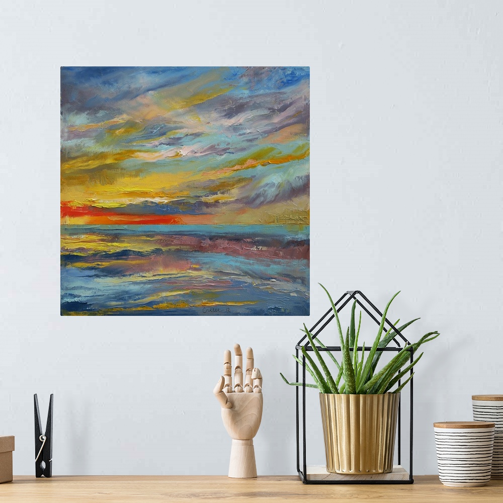 A bohemian room featuring Large square abstract painting of rough sea waters beneath a vibrant, cloudy sky at sunset.