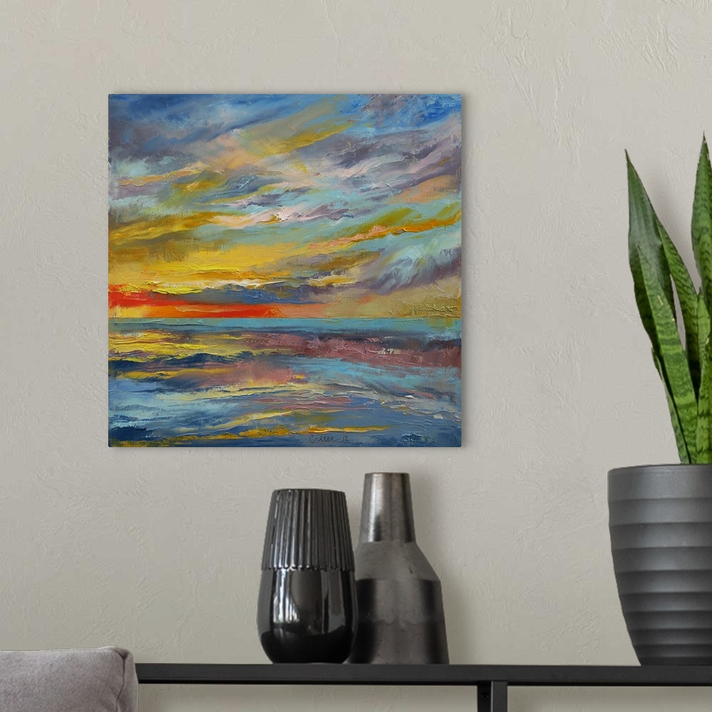 A modern room featuring Large square abstract painting of rough sea waters beneath a vibrant, cloudy sky at sunset.