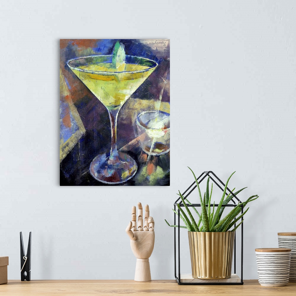 A bohemian room featuring Portrait, contemporary painting on a large canvas of an appletini sitting on a table, a small can...