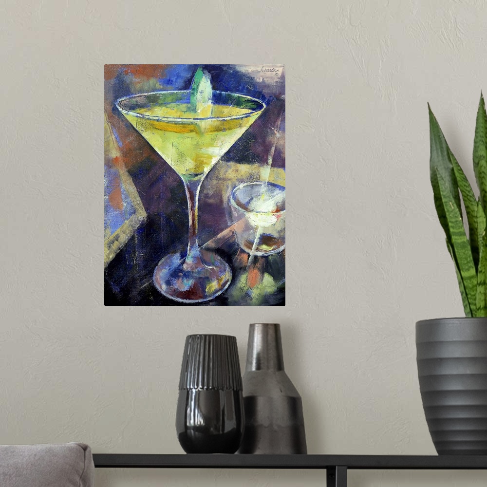 A modern room featuring Portrait, contemporary painting on a large canvas of an appletini sitting on a table, a small can...