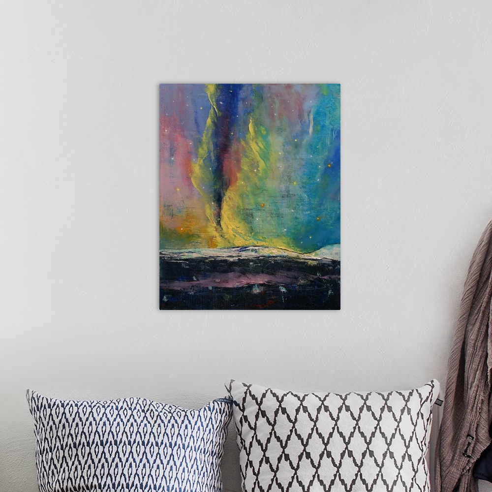 A bohemian room featuring A contemporary painting of the northern lights above snowy landscape.