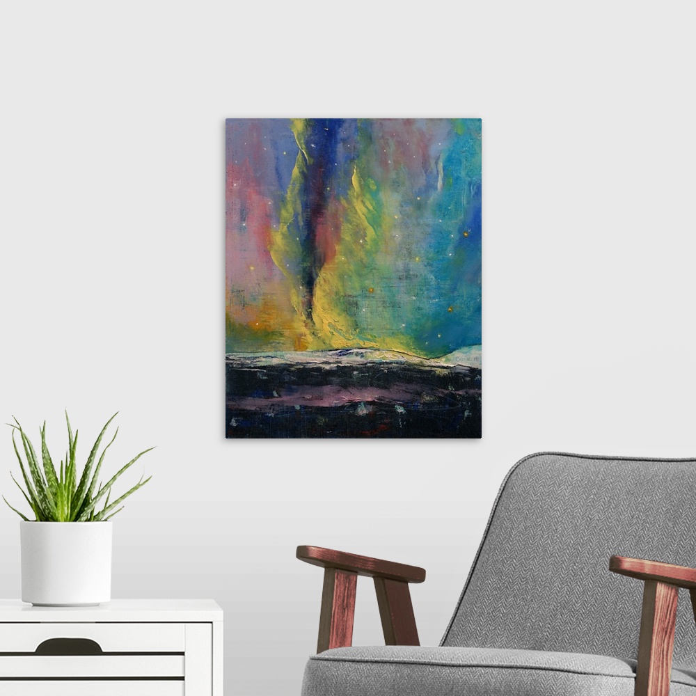 A modern room featuring A contemporary painting of the northern lights above snowy landscape.