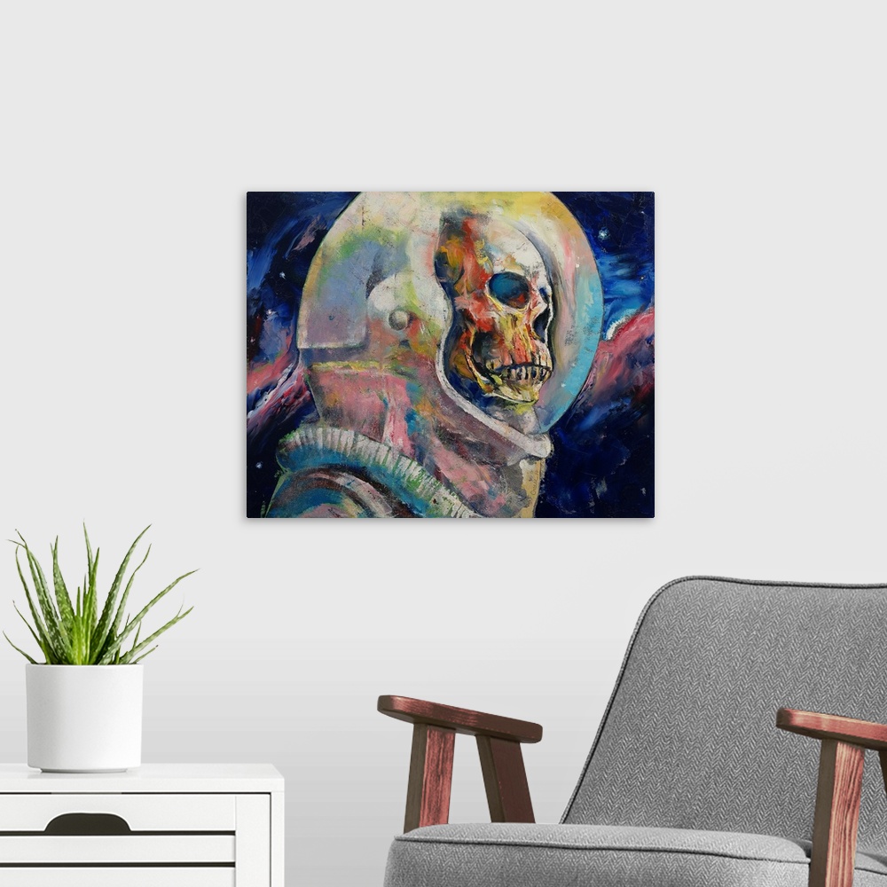 A modern room featuring A contemporary painting of a human skull seen through the helmet glass of an astronaut suit.