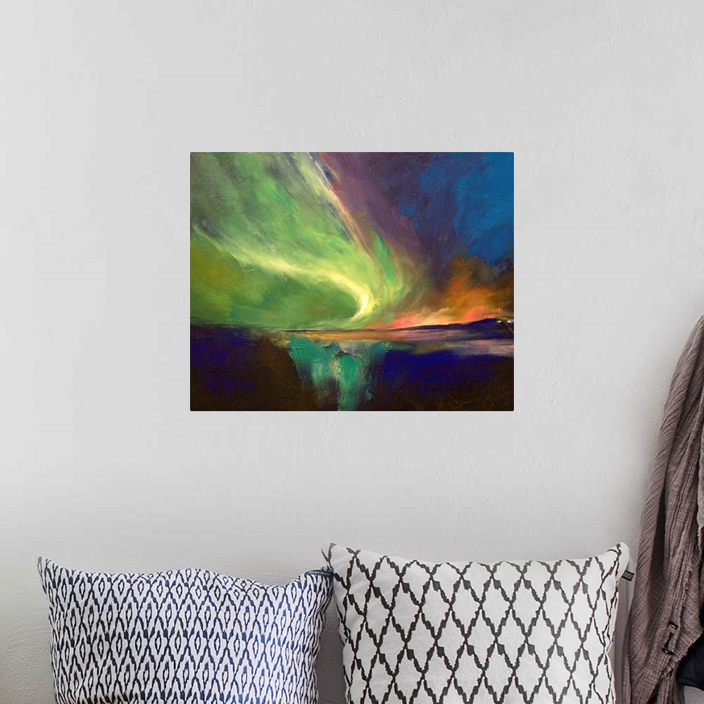 A bohemian room featuring A landscape wall hanging of the Northern Lights sweeping across the night sky and reflecting in t...