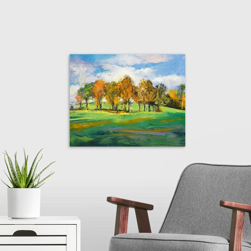 A modern room featuring Large contemporary art composed of groups of trees sitting on slightly rolling hills on a sunny d...