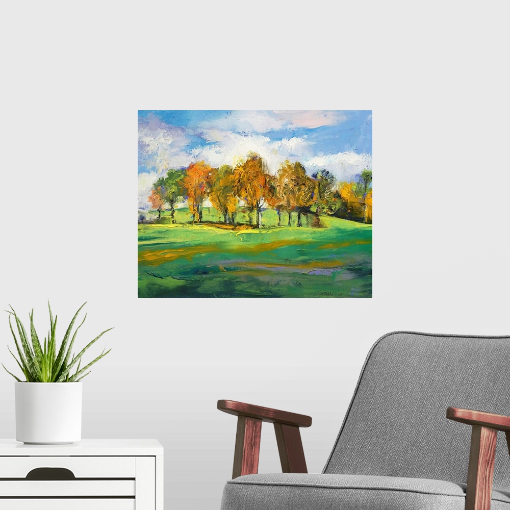 A modern room featuring Large contemporary art composed of groups of trees sitting on slightly rolling hills on a sunny d...