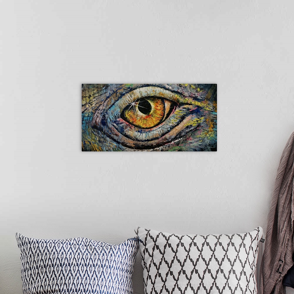 A bohemian room featuring A contemporary painting of a close-up of a dragon's eye.