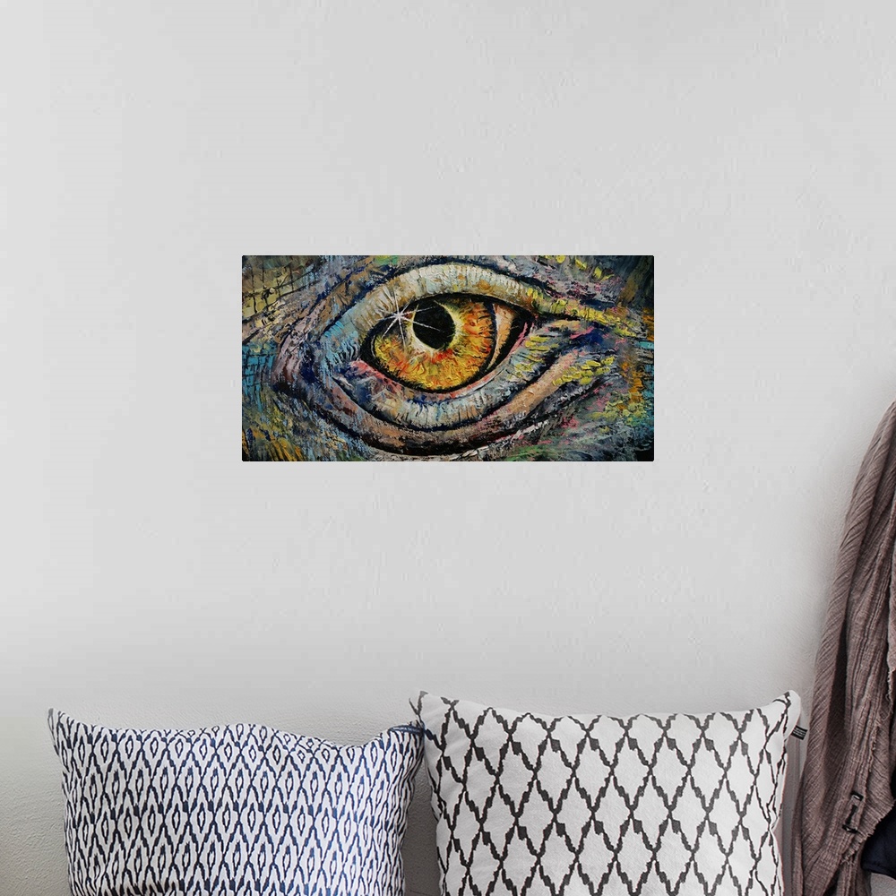 A bohemian room featuring A contemporary painting of a close-up of a dragon's eye.