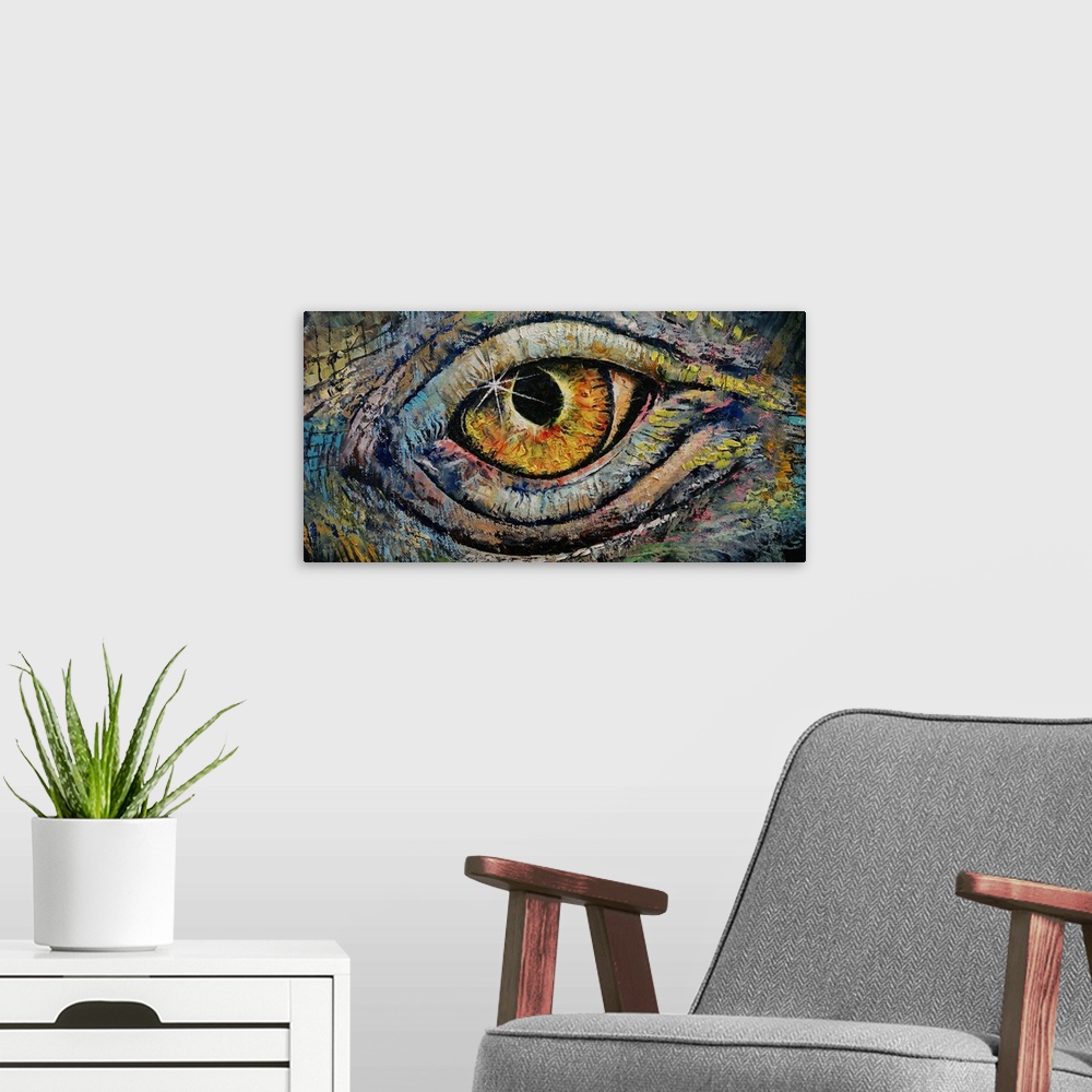 A modern room featuring A contemporary painting of a close-up of a dragon's eye.
