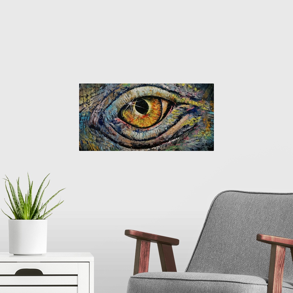 A modern room featuring A contemporary painting of a close-up of a dragon's eye.