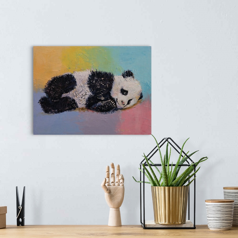 A bohemian room featuring A contemporary painting of a cute panda bear cub against a colorful background.