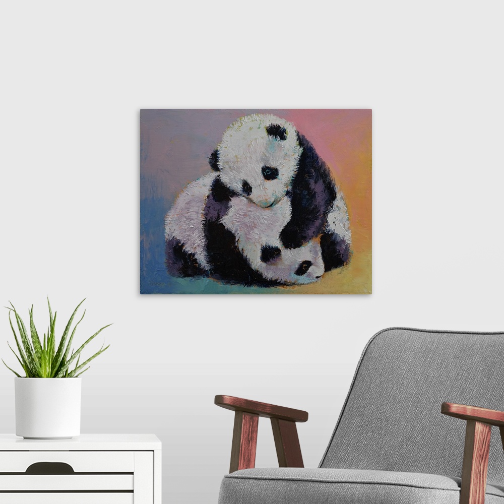 A modern room featuring A contemporary painting of a cute panda bear cub against a colorful background.