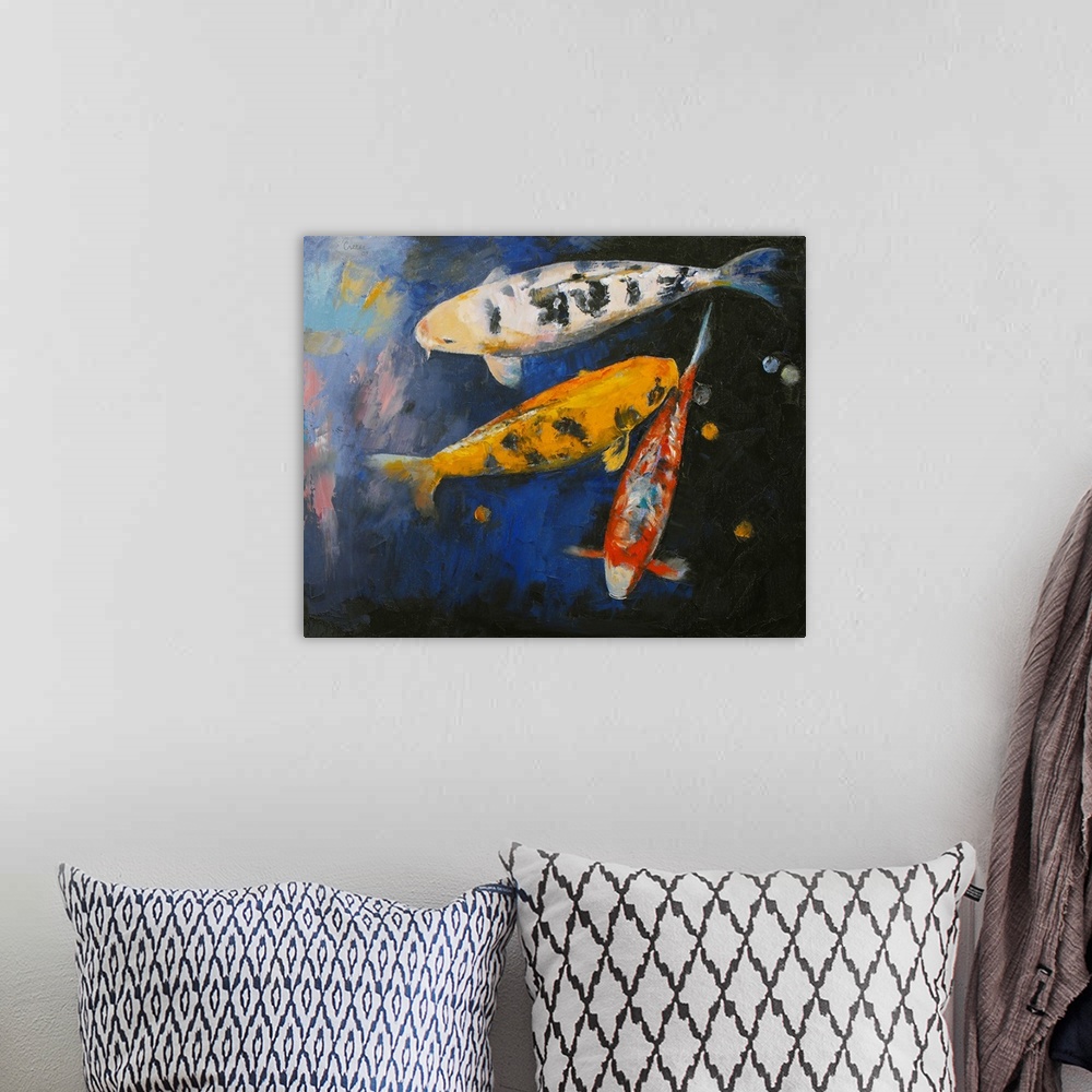 A bohemian room featuring Painting on canvas of big koi fish swimming in the water.
