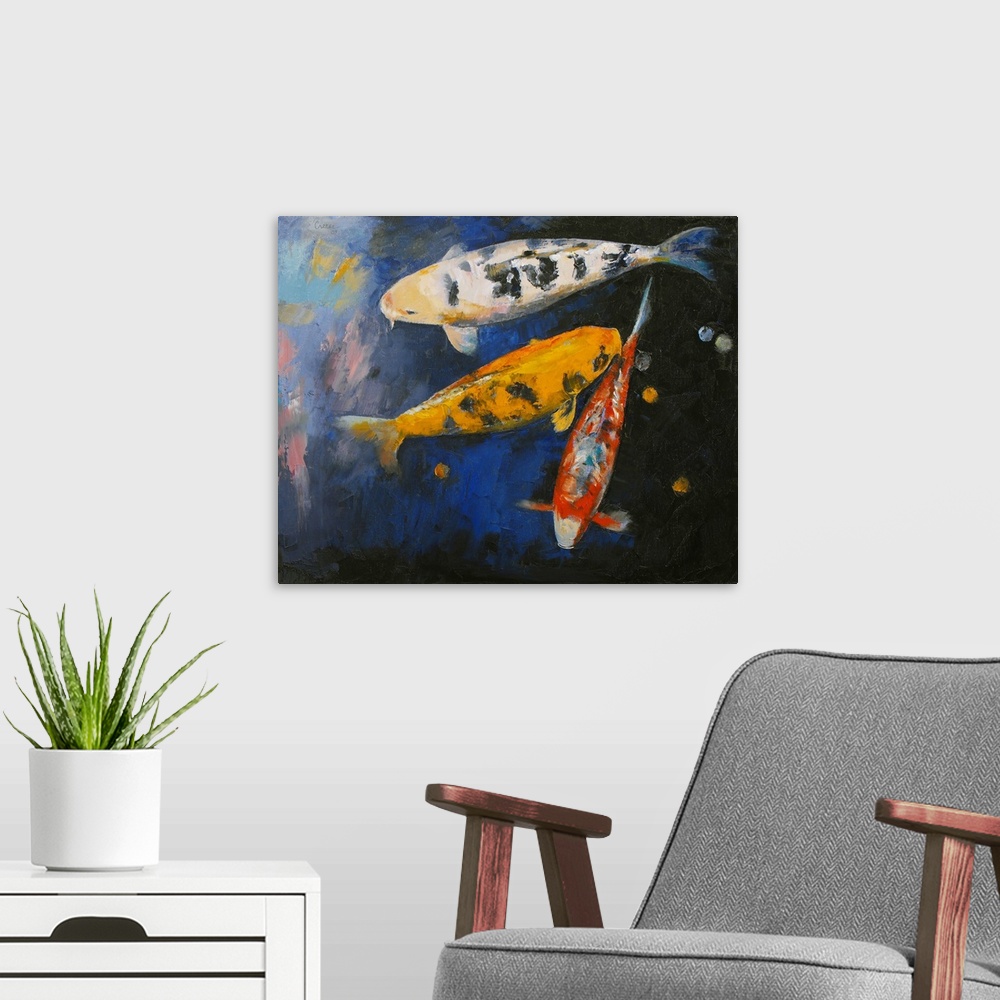 A modern room featuring Painting on canvas of big koi fish swimming in the water.