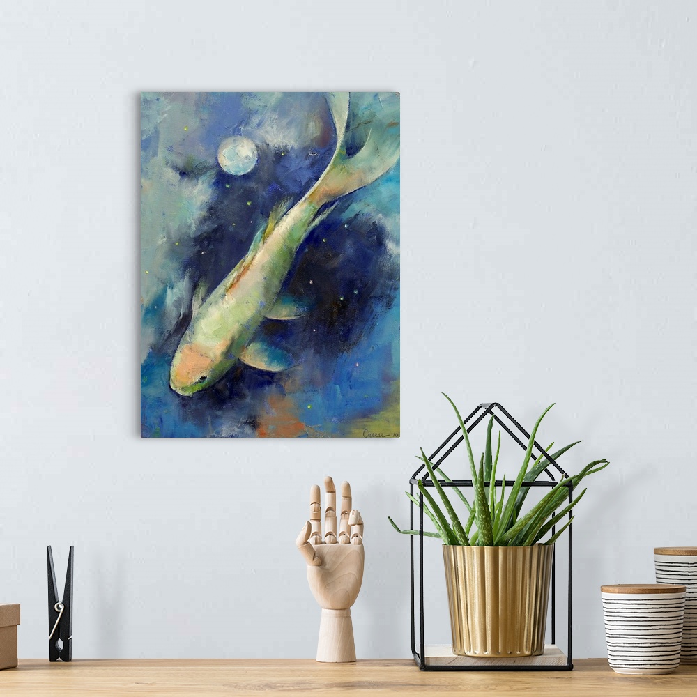 A bohemian room featuring Big canvas painting of a fish swimming with a reflection of the moon on the surface of the water.