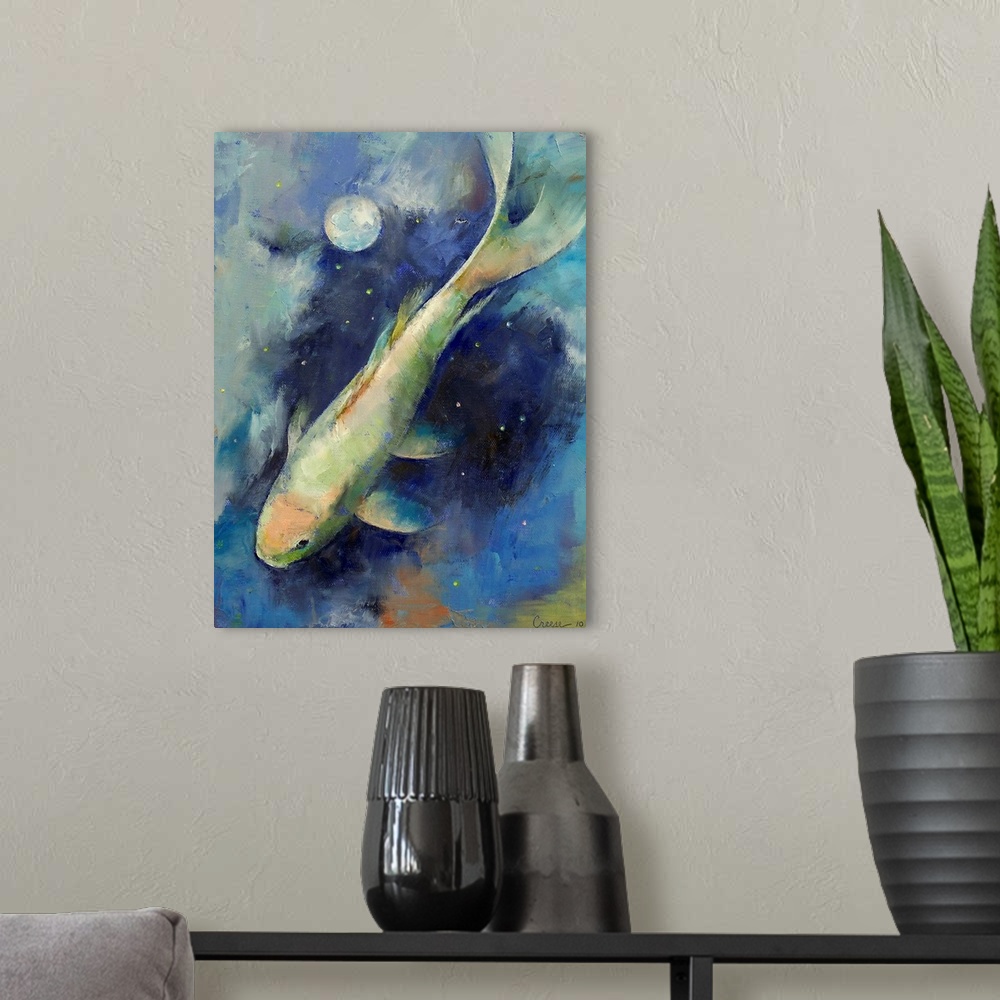 A modern room featuring Big canvas painting of a fish swimming with a reflection of the moon on the surface of the water.