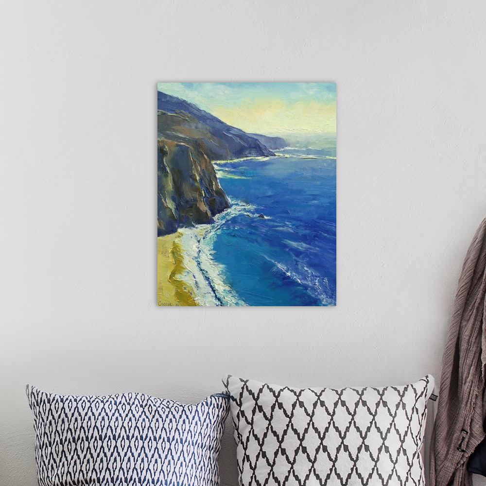 A bohemian room featuring Contemporary painting of a beach along the rocky cliffs of the Pacific Ocean.