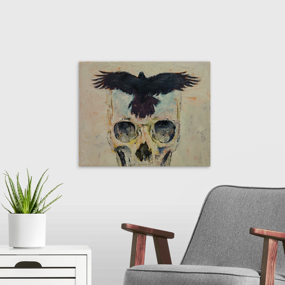 A modern room featuring A contemporary painting of a human skull with a black crow on the forehead.