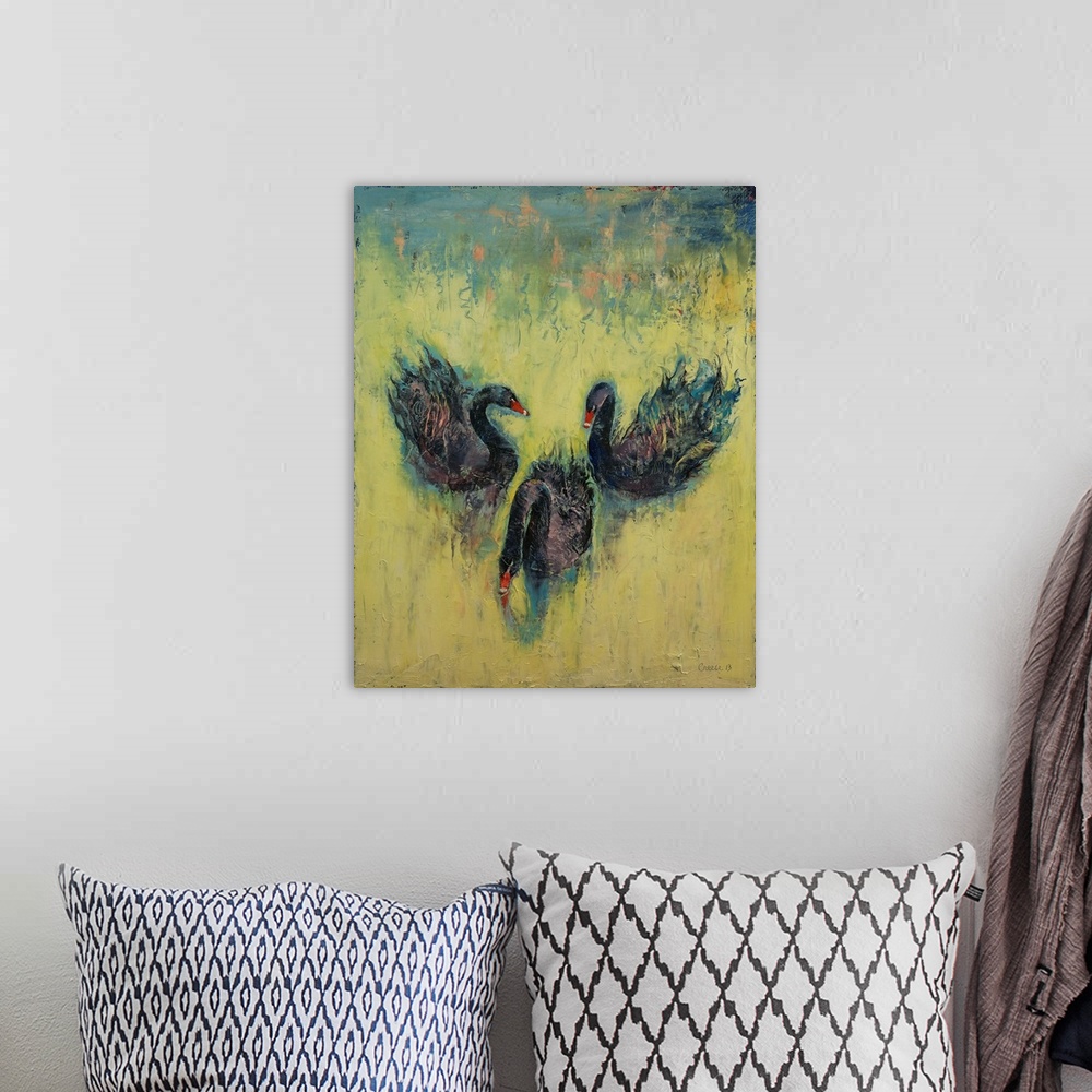 A bohemian room featuring A contemporary painting of three black swans making the eyes and nose of a human skull.