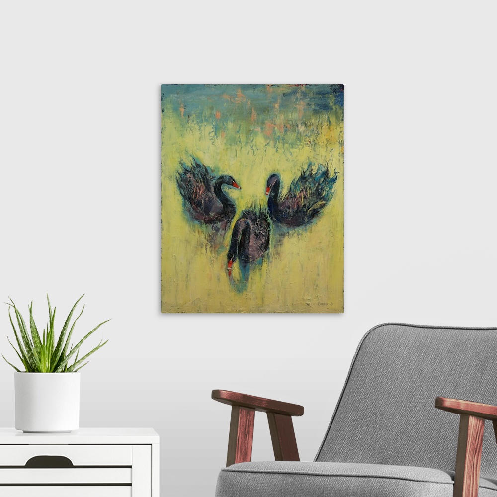 A modern room featuring A contemporary painting of three black swans making the eyes and nose of a human skull.