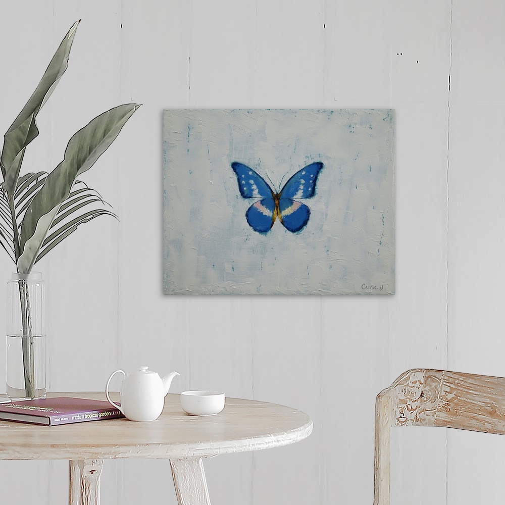A farmhouse room featuring A contemporary painting of a blue and white butterfly against a white background.